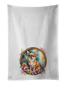 Chihuahua and Flowers Kitchen Towel Set of 2 White Dish Towels Decorative Bathroom Hand towel for Hand, Face, Hair, Yoga, Tea, Dishcloth, 19 X 28"